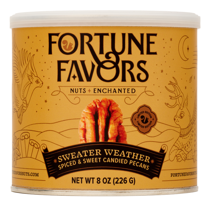 8 ounce can of Fortune Favors Sweater Weather spiced and sweet candied pecans