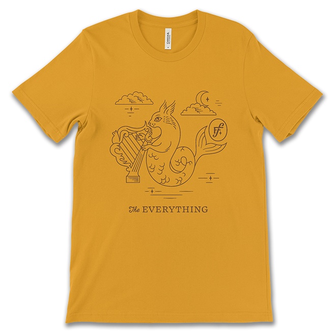 gold t-shirt with squirrel mermaid character and "The Everything" printed on the front