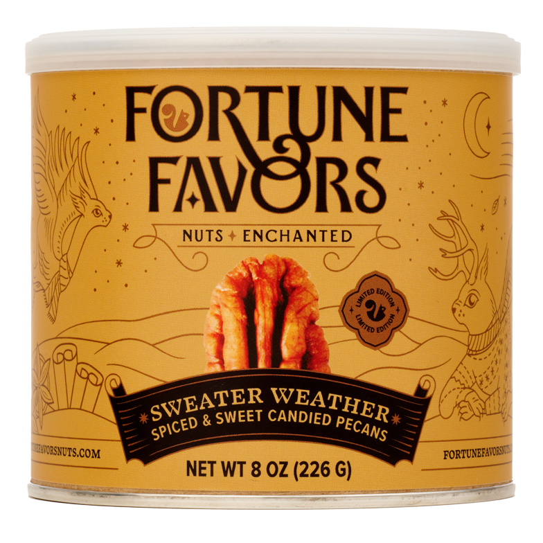 8 ounce can of Fortune Favors Sweater Weather spiced and sweet candied pecans