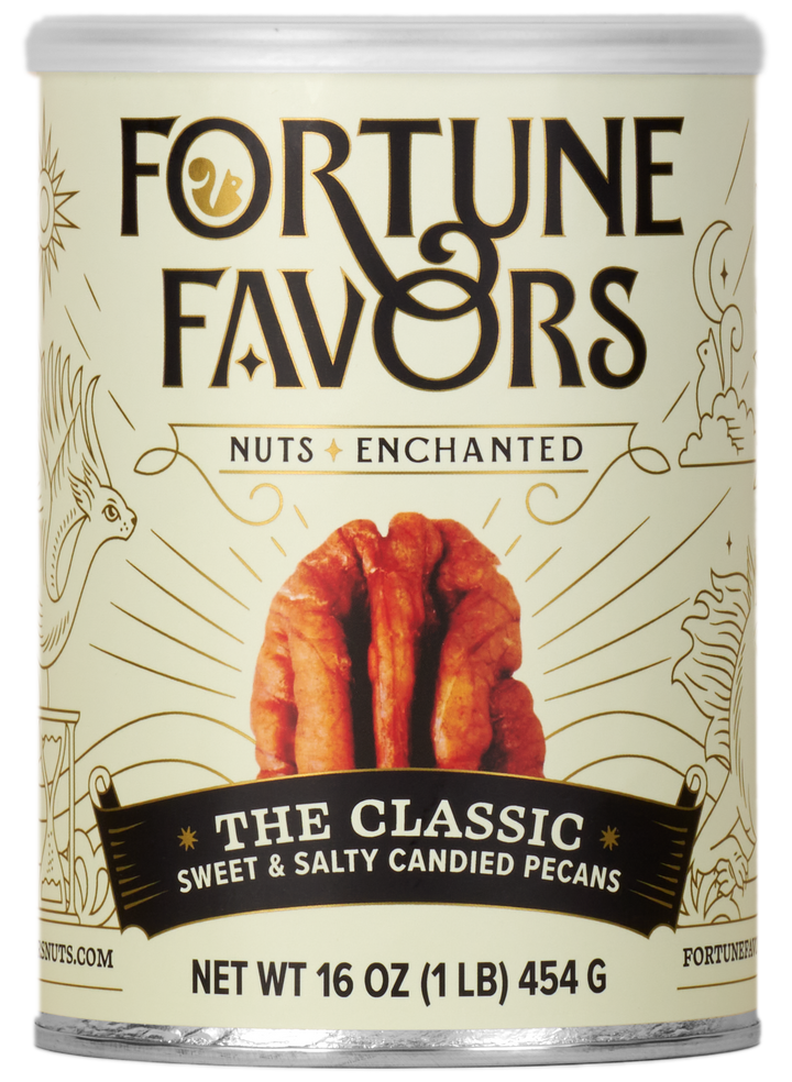 The Classic Candied Pecans in 16 oz white and gold can