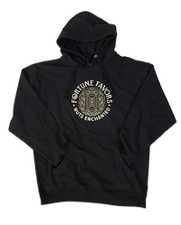 black hooded sweatshirt with FORTUNE FAVORS, NUTS ENCHANTED text and hourglass design printed on the front
