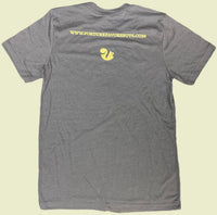 Back of Gray Tee with www.fortunefavorsnuts.com logo and squirrel icon