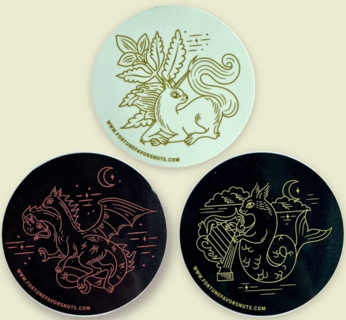 Three FF stickers with The Classic, The Spicy, and The Everything Beasts