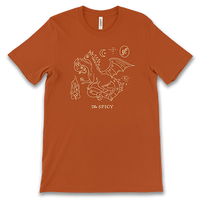 rust-colored t-shirt with two headed dragon character and "The Spicy" text printed on the front