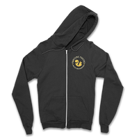 black zip-up hoodie with Fortune Favors logo and "nuts enchanted" tagline and squirrel logo on upper left